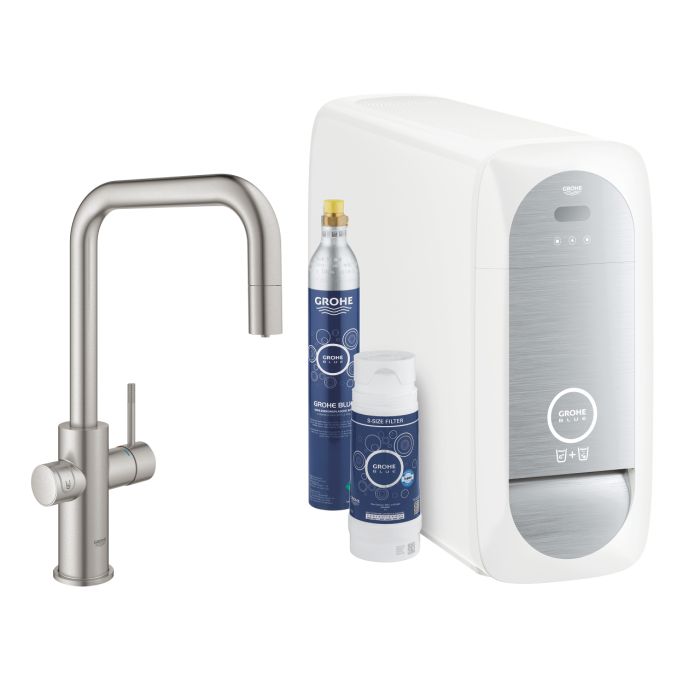 Baterie bucatarie Grohe Blue Home Duo cu dus extractibil, pipa U, sistem filtrare, racire si carbonatare, starter kit, supersteel