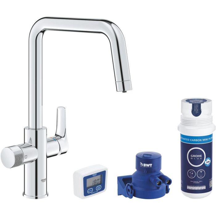 Baterie bucatarie Grohe Blue Pure Start cu pipa U, sistem filtrare, starter kit, crom