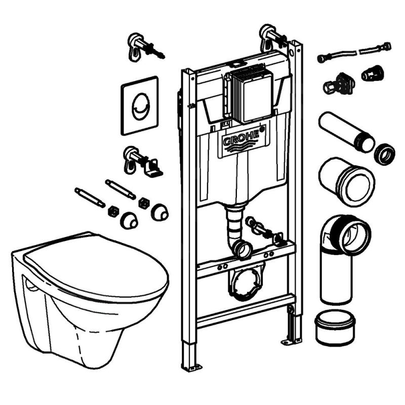Set complet Grohe Solido Perfect 4-in-1 cu vas wc suspendat cu capac inchidere lenta, rezervor incastrat cu cadru si clapeta Skate Cosmopolitan crom