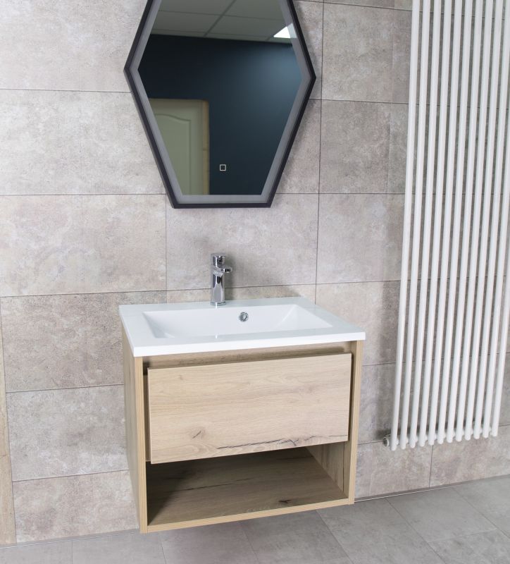 Set mobilier Sanotechnik Soho cu dulap baza suspedat si lavoar compozit 60x48cm, stejar antic