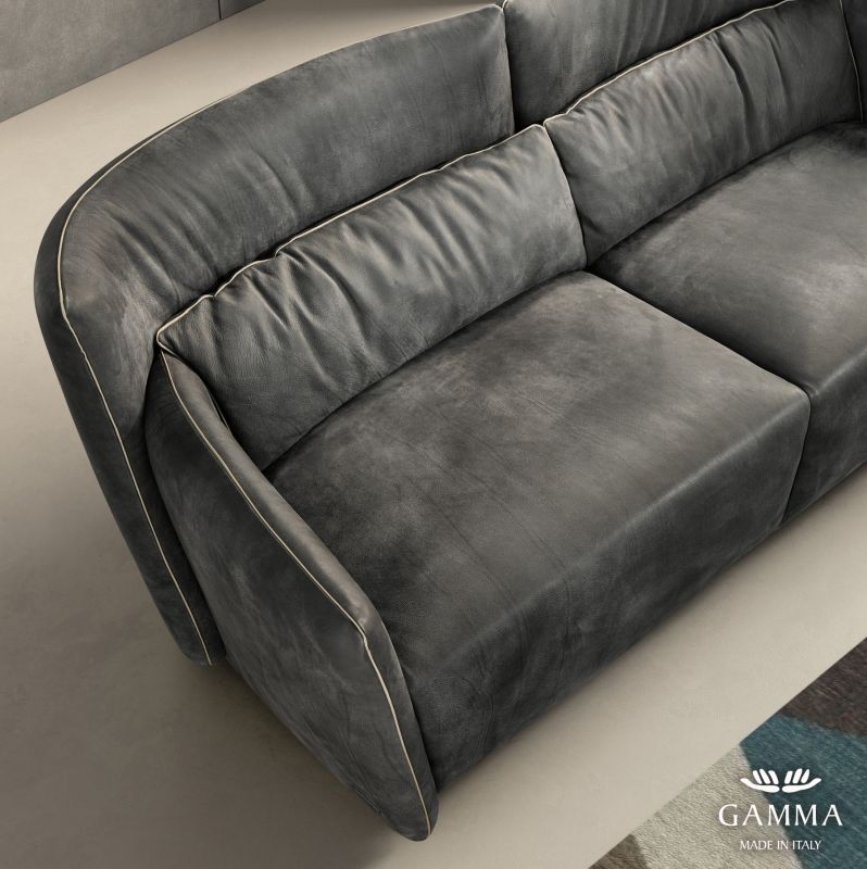 Canapea Gamma Tulip cu trei locuri, 194cm, piele Burt F622 Lagoon, HandMade in Italy