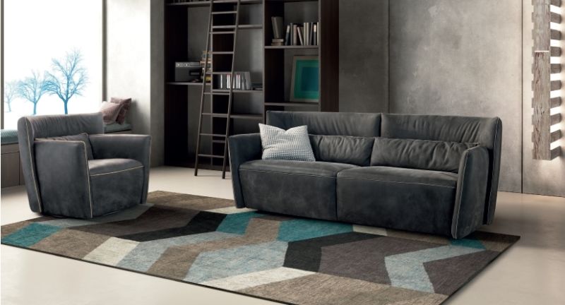 Canapea Gamma Tulip cu trei locuri, 194cm, piele Burt F622 Lagoon, HandMade in Italy