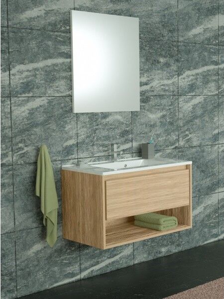 Set mobilier Sanotechnik Soho cu dulap baza suspedat si lavoar compozit 80x46cm, stejar natur