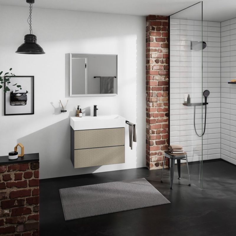 Dulap baza suspendat Hansgrohe Xevolos E cu 2 sertare, 78cm, corp gri mat, front ceramic bronz texturat