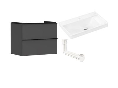 Set mobilier Hansgrohe Xelu Q cu lavoar asimetric 80x48cm, polita dreapta, SmartClean, alb si dulap cu 2 sertare, 78cm, gri diamant mat, manere negru mat