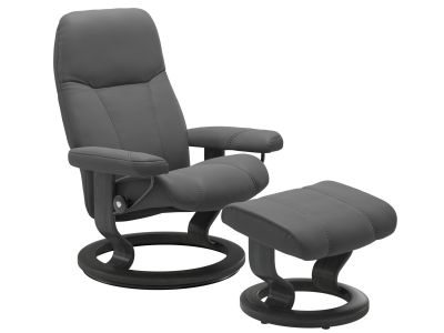 Fotoliu recliner cu taburet Stressless Consul Classic M cadru Grey, tapiterie piele Batik Grey