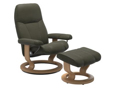 Fotoliu recliner cu taburet Stressless Consul Classic M cadru Oak tapiterie piele Paloma Dark Olive