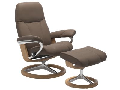 Fotoliu recliner cu taburet Stressless Consul Signature M cadru Oak, tapiterie piele Batik Mole