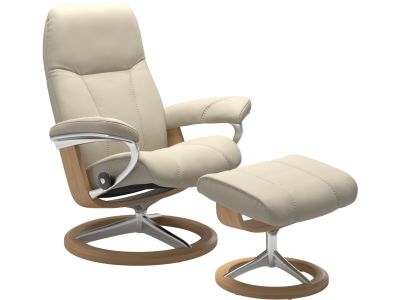 Fotoliu recliner cu taburet Stressless Consul Signature M cadru Oak, tapiterie piele Batik Cream
