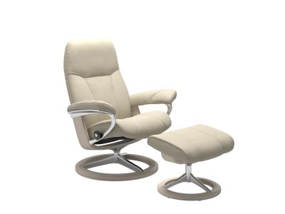 Fotoliu recliner cu taburet Stressless Consul Signature M cadru Whitewash, tapiterie piele Batik Cream