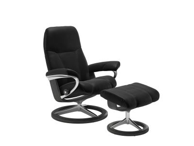 Fotoliu recliner cu taburet Stressless Consul Signature M cadru Grey, tapiterie piele Batik Black