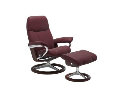 Fotoliu recliner cu taburet Stressless Consul Signature M cadru Brown, tapiterie piele Batik Bordeaux