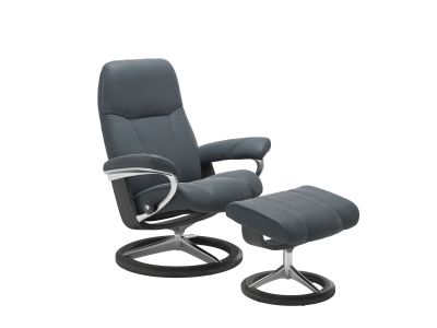 Fotoliu recliner cu taburet Stressless Consul Signature M cadru Grey, tapiterie piele Batik Atlantic Blue