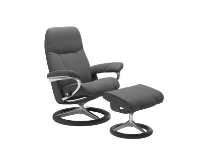 Fotoliu recliner cu taburet Stressless Consul Signature M cadru Grey, tapiterie piele Batik Grey