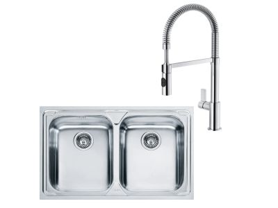 Set Franke inox: Chiuveta Logica Line LLX 620 cu 2 cuve, 790x500mm + Baterie bucatarie Fox Pro cu pipa flexibila