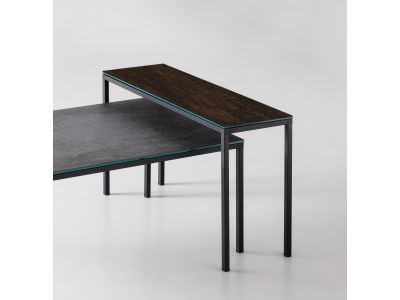 Masuta Dexo Dado 80x30cm, h43cm, baza metal negru, blat ceramic Vulcano Moka