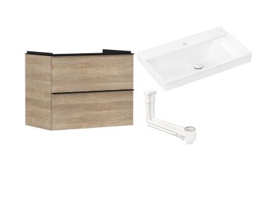 Set mobilier Hansgrohe Xelu Q cu lavoar asimetric 80x48cm, polita dreapta, SmartClean, alb si dulap cu 2 sertare, 78cm, stejar natur, manere negru mat