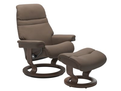 Fotoliu recliner cu taburet Stressless Sunrise M Classic, baza Walnut stain, tapiterie piele Batick Mole