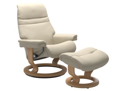 Fotoliu recliner cu taburet Stressless Sunrise M Classic, baza Oak stain, tapiterie piele Batick Cream