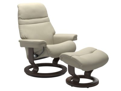 Fotoliu recliner cu taburet Stressless Sunrise M Classic, baza Wenge stain, tapiterie piele Paloma Light Grey