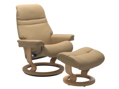 Fotoliu recliner cu taburet Stressless Sunrise M Classic, baza Oak stain, tapiterie piele Paloma Sand