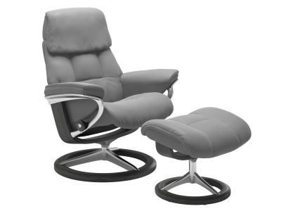 Fotoliu recliner cu taburet Stressless Ruby M Signature, baza Polished - Grey stain, tapiterie piele Batick Wild Dove