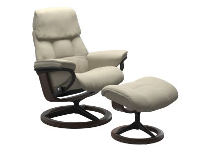Fotoliu recliner cu taburet Stressless Ruby M Signature, baza Matte Black - Wenge stain, tapiterie piele Paloma Light Grey