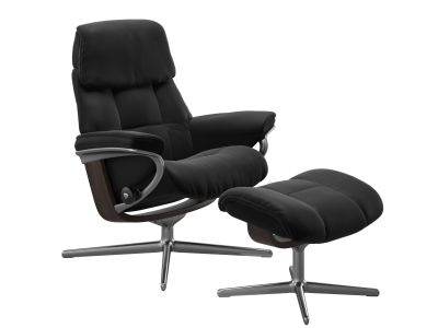 Fotoliu recliner cu taburet Stressless Ruby M Cross, baza Polished - Wenge stain, tapiterie piele Paloma Black