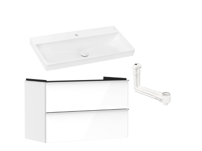 Set mobilier Hansgrohe Xelu Q cu lavoar 100x48cm, SmartClean, alb si dulap cu 2 sertare, 98cm, alb lucios, manere crom