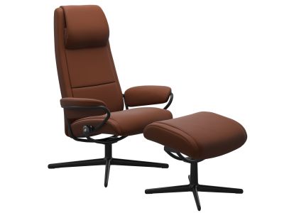 Fotoliu recliner cu taburet Stressless Paris Cross cu spatar inalt, cadru Matte Black, tapiterie piele Paloma Cooper