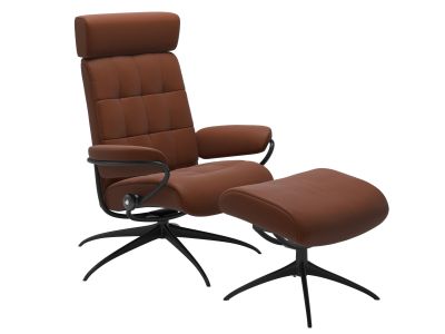 Fotoliu recliner cu taburet Stressless London Star M cu tetiera ajustabila, cadru negru mat, tapiterie piele Paloma Copper