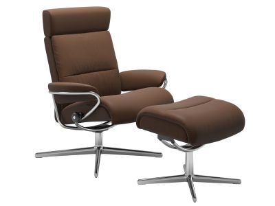 Fotoliu recliner cu taburet Stressless Tokyo Cross cu tetiera ajustabila, cadru Polished, tapiterie piele Batick Warm Brown
