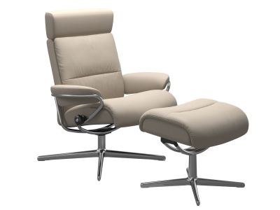 Fotoliu recliner cu taburet Stressless Tokyo Cross cu tetiera ajustabila, cadru Polished, tapiterie piele Paloma Fog