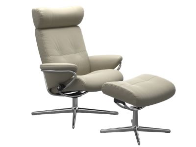 Fotoliu recliner cu taburet Stressless Berlin Cross cu tetiera ajustabila, cadru Polished, tapiterie piele Paloma Light Grey