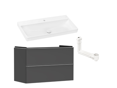 Set mobilier Hansgrohe Xelu Q cu lavoar 100x48cm, SmartClean, alb si dulap cu 2 sertare, 98cm, gri diamant mat, manere crom