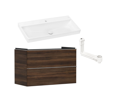 Set mobilier Hansgrohe Xelu Q cu lavoar 100x48cm, SmartClean, alb si dulap cu 2 sertare, 98cm, nuc inchis, manere crom