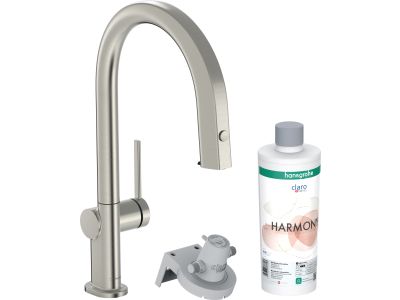 Baterie bucatarie Hansgrohe Aqittura M91 210 cu 3 cai si sistem filtrare, dus extractibil 1 jet si sBox, inox optic