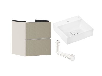 Set mobilier Hansgrohe Xevolos E cu lavoar 50x48cm, SmartClean, alb si dulap cu 2 sertare, 48cm, corp bej mat, front ceramic bronz texturat