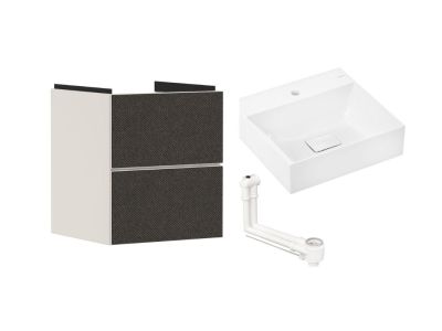 Set mobilier Hansgrohe Xevolos E cu lavoar 50x48cm, SmartClean, alb si dulap cu 2 sertare, 48cm, corp bej mat, front textil gri inchis