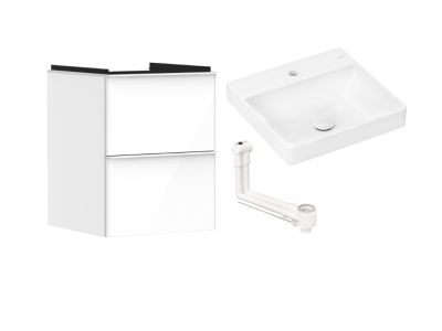 Set mobilier Hansgrohe Xelu Q cu lavoar 50x48cm SmartClean alb si dulap cu 2 sertare, 48cm, alb lucios, manere alb mat