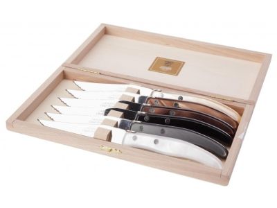 Set cutite Claude Dozorme Berlingot cu maner rasina mix gri - maro, 6 piese, cutie lemn fag