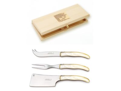 Set cutite branzeturi Claude Dozorme Berlingot, maner rasina natur, 3 piese, cutie lemn fag