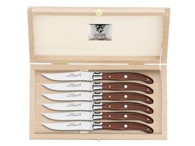 Set cutite friptura Claude Dozorme Laguiole cu maner lemn trandafir, 6 piese, bolster otel, cutie lemn fag