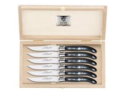 Set cutite friptura Claude Dozorme Laguiole cu maner corn negru, 6 piese, bolster otel, cutie lemn fag