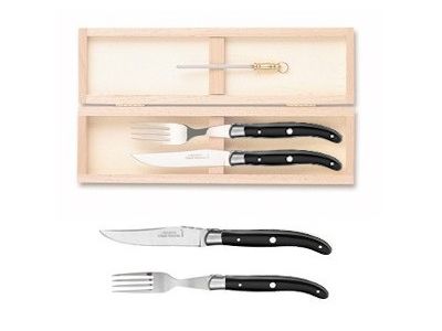 Set tacamuri Claude Dozorme Laguiole, maner rasina negru, 2 piese, cutie lemn fag