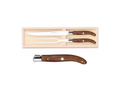 Set Claude Dozorme Laguiole 2P Carving, cutit + furculita cu maner lemn exotic, bolster inox, 2 piese, cutie lemn fag