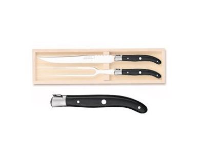 Set Claude Dozorme Laguiole 2P Carving, cutit + furculita cu maner lemn abanos, bolster inox, 2 piese, cutie lemn fag