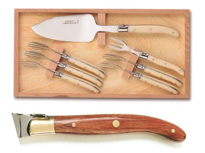 Set servire tort Claude Dozorme Laguiole 7P cu maner lemn exotic, bolster alama, 7 piese, cutie lemn fag
