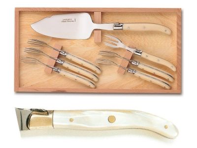 Set servire tort Claude Dozorme Laguiole 7P cu maner rasina ivory, bolster inox, 7 piese, cutie lemn fag