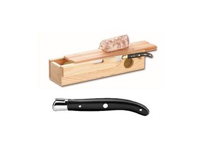 Cutit Claude Dozorme Laguiole Carving Sausage Box cu maner rasina negru, bolster inox, cutie lemn fag